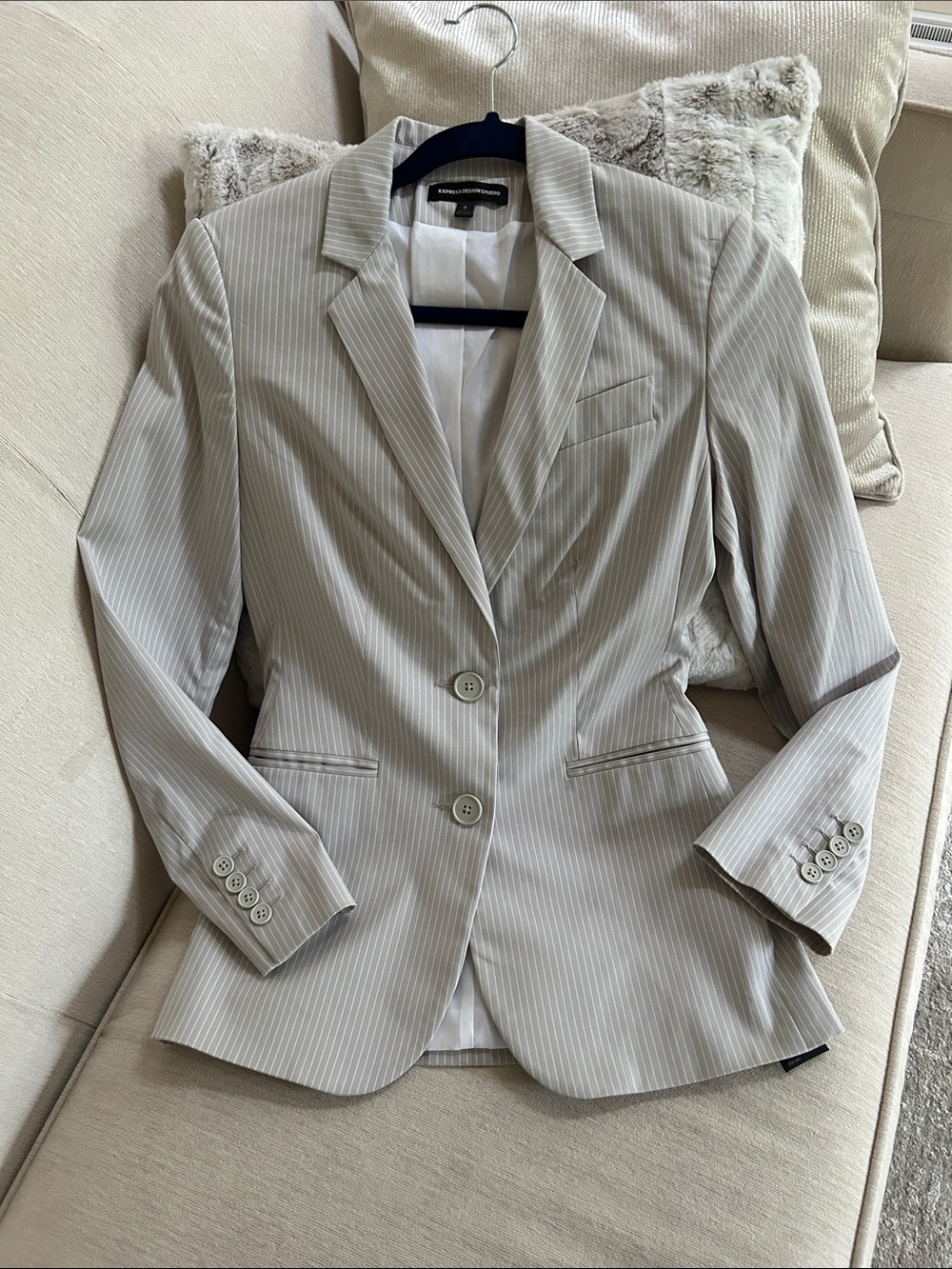 Express Women's Light Gray Taupe Pinstripe Blazer